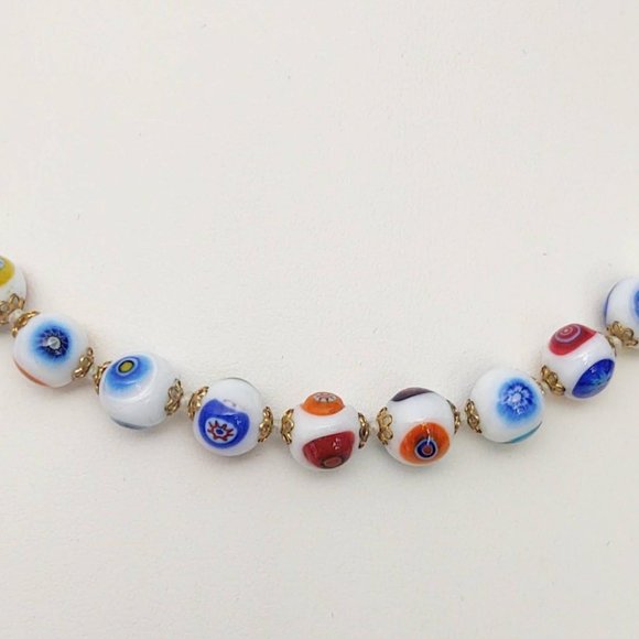White glass beaded necklace w/multi color designs - Picture 3 of 15